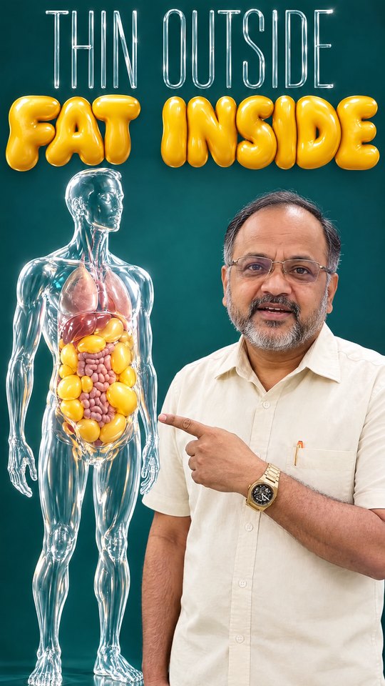 A custom reel design: the words Thin outside, Fat inside over a glass human body, with the doctor pointing at it