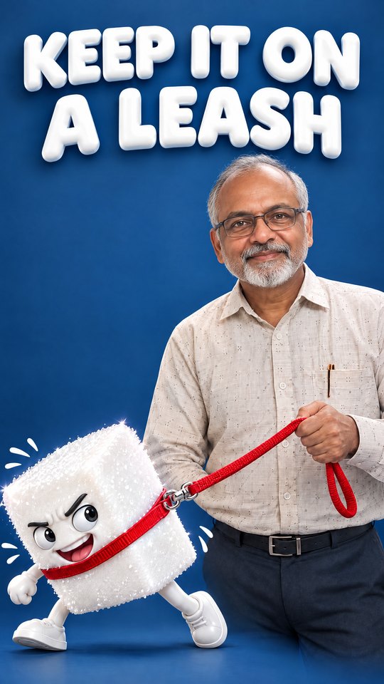 A reel look: the words Keep it on a leash, with the doctor holding a cartoon sugar cube on a red leash